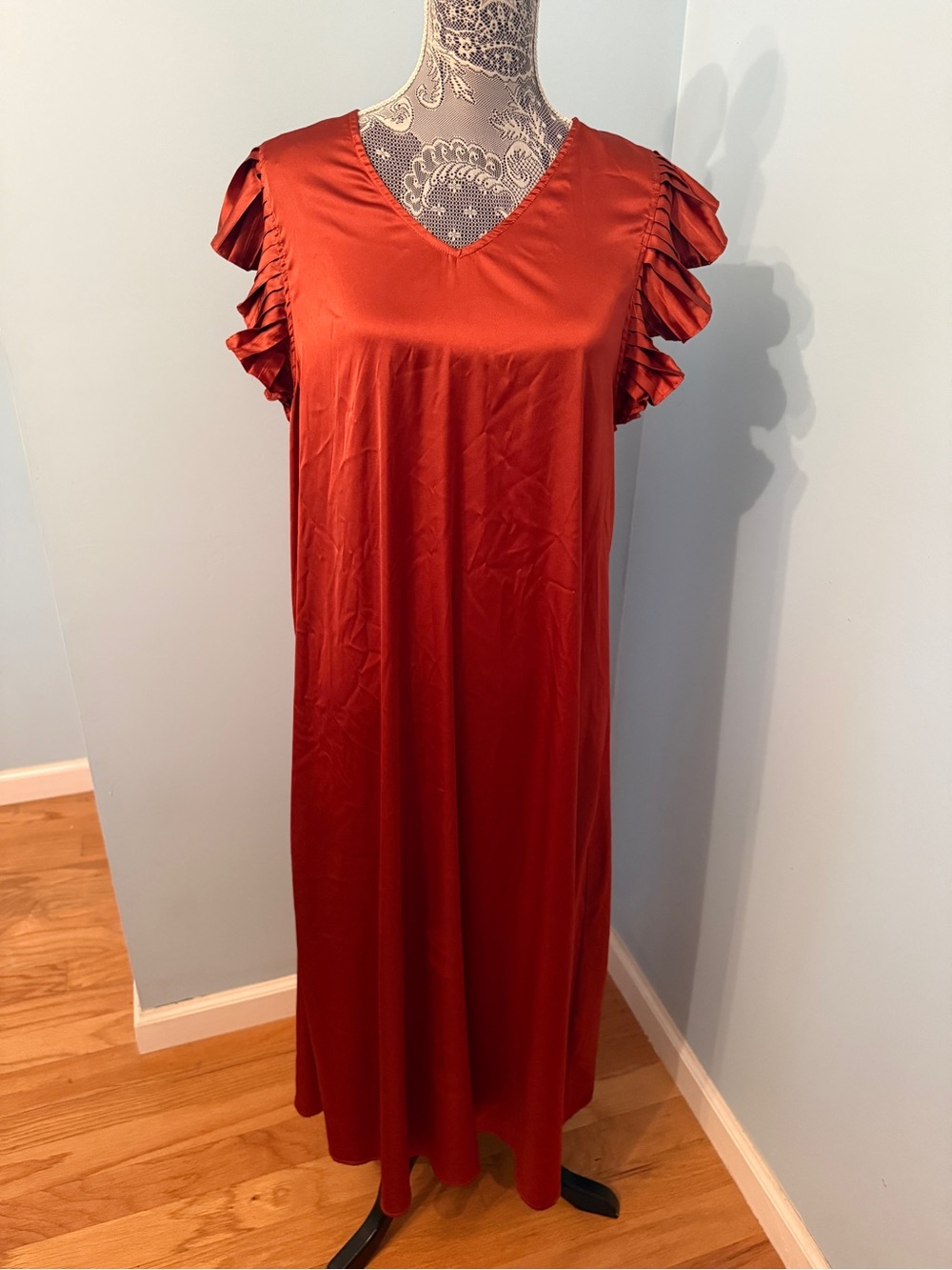 JODIFL Rust Satin V-Neck Maxi Dress with Ruffle Sleeves